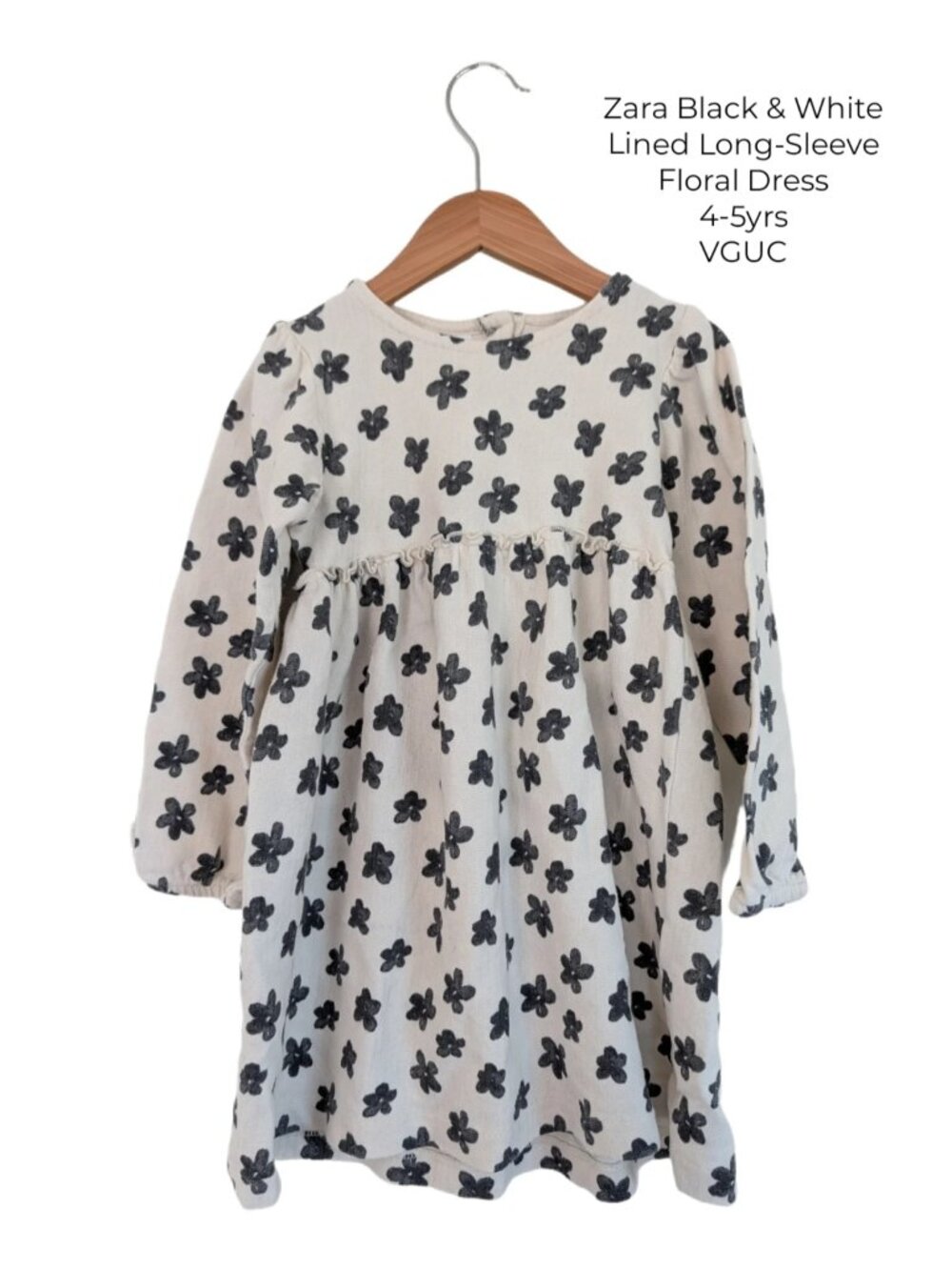 Zara Black & White Lined Long-Sleeve Floral Dress 4T 5T